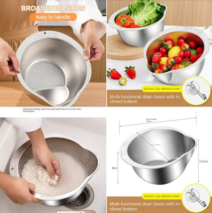 Stainless Steel 10.5 Inch Vegetable, Fruit Strainer Bowl, Washing Bowl, Stainless Steel Rinsing Bowl with Side Drainers TG10674