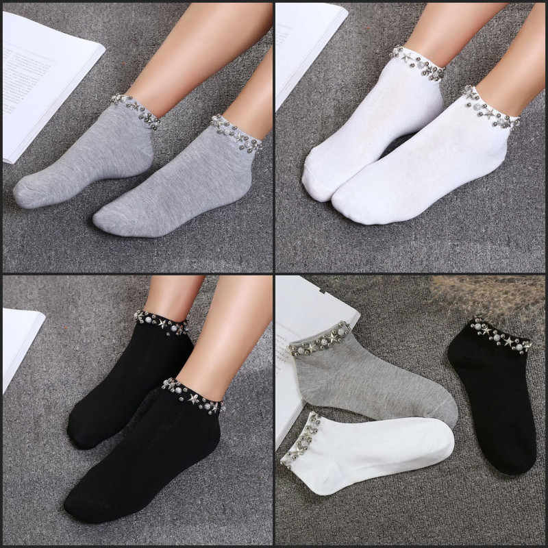 Pearl Stars Fishnet Socks Women Creative Reto College Style Socks